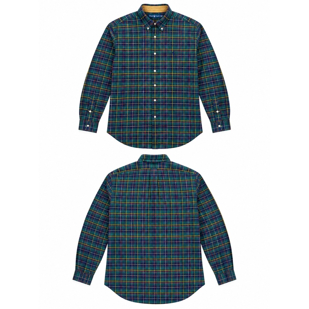 Vintage 1990 Polo Ralph Lauren Green Plaid Button Down Shirt Corduroy Collar XL